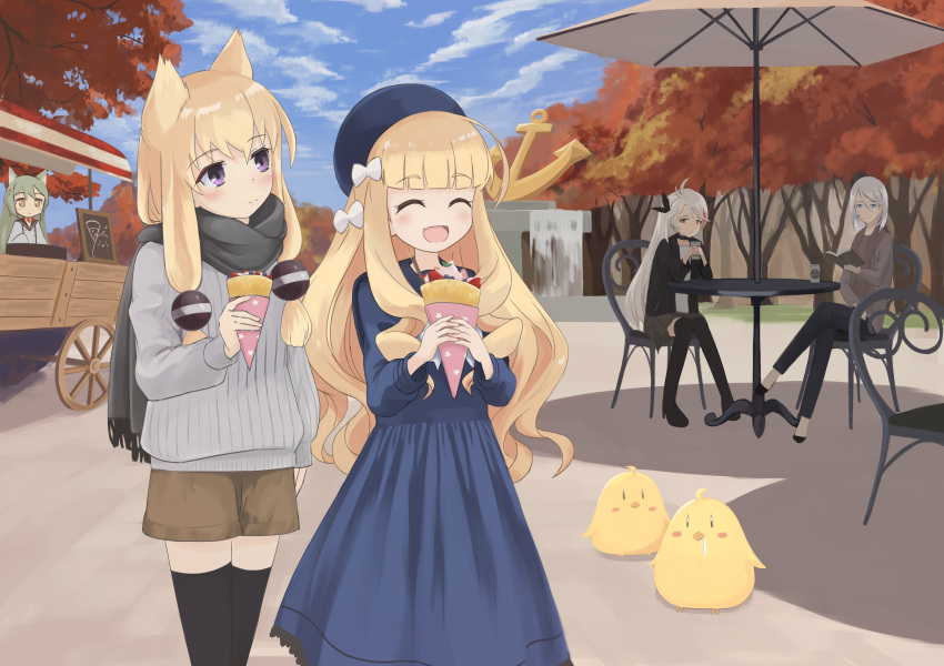 5girls, absurdres, akashi_(azur_lane), anchor, animal_ears, autumn, azur_lane, bird