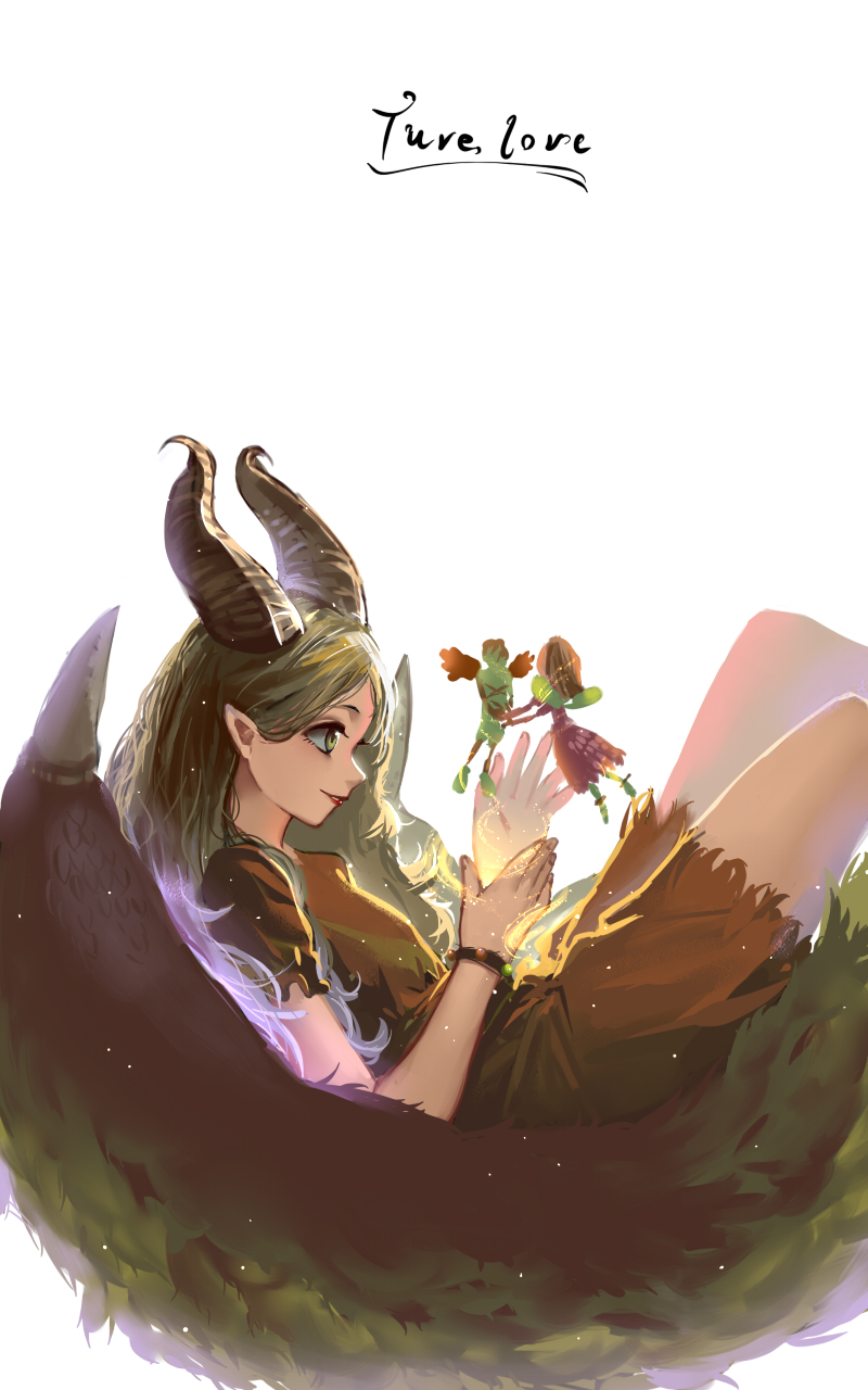 1girl, bracelet, brown_dress, brown_hair, dress, feathered_wings, floating, from_side