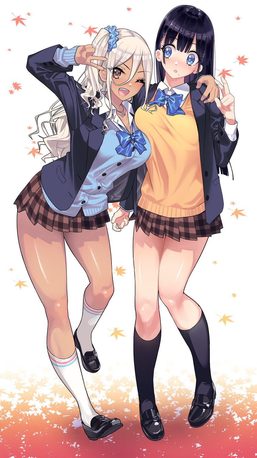 2girls, ;d, bangs, black_hair, black_legwear, blush, bow, bowtie, breasts, brown_eyes, cardigan, dark_skin, fang, gyaru, highres, jewelry, jii_(user_ihp6405), kneehighs, loafers, long_hair, looking_at_viewer, mole, mole_under_mouth, multiple_girls, necklace, one_eye_closed, open_mouth, original, pleated_skirt, school_uniform, scrunchie, shoes, side_ponytail, silver_hair, skirt, smile, teeth, v, very_long_hair, white_background