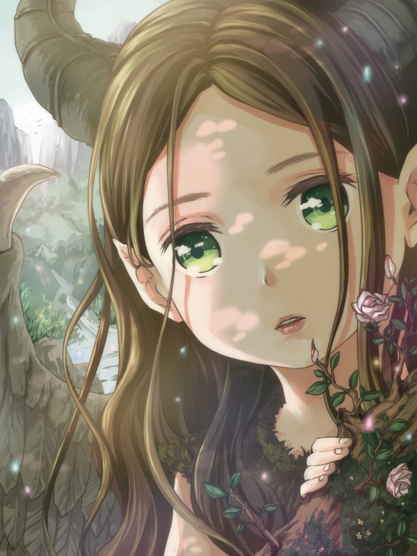 1girl, brown_hair, child, curious, dappled_sunlight, day, disney, feathered_wings, fireflies, flower, forest, green_eyes, hair_behind_ear, horns, long_hair, looking_at_viewer, maleficent, maleficent_(movie), moss, nature, parted_lips, plant, rose, sleeping_beauty, sleeping_beauty_(disney), solo, stream, sunlight, todo-akira, wavy_hair, wings, younger