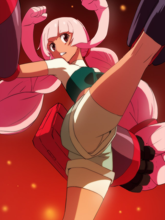 1girl, bike_shorts, bike_shorts_under_shorts, breasts, green_shorts, haruyama_kazunori, heybot!, leg_up