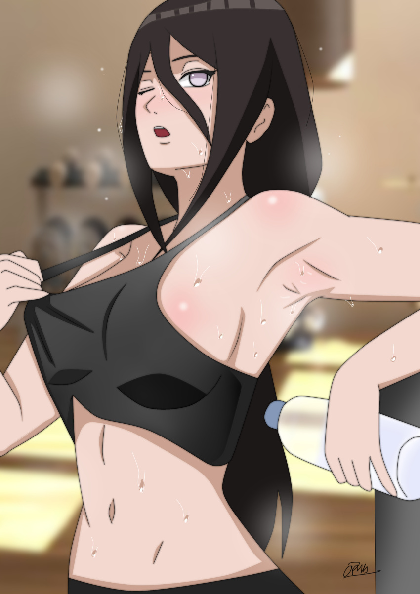 1girl, :o, absurdres, armpits, black_bra, black_hair, black_shorts, boruto:_naruto_next_generations, bottle, bra, bra_tug, hair_between_eyes, highres, holding, holding_bottle, hyuuga_hanabi, lavender_eyes, long_hair, midriff, naruto, naruto_(series), navel, one_eye_closed, shorts, signature, solo, sports_bra, sweat, sweating_profusely, underwear, water_bottle