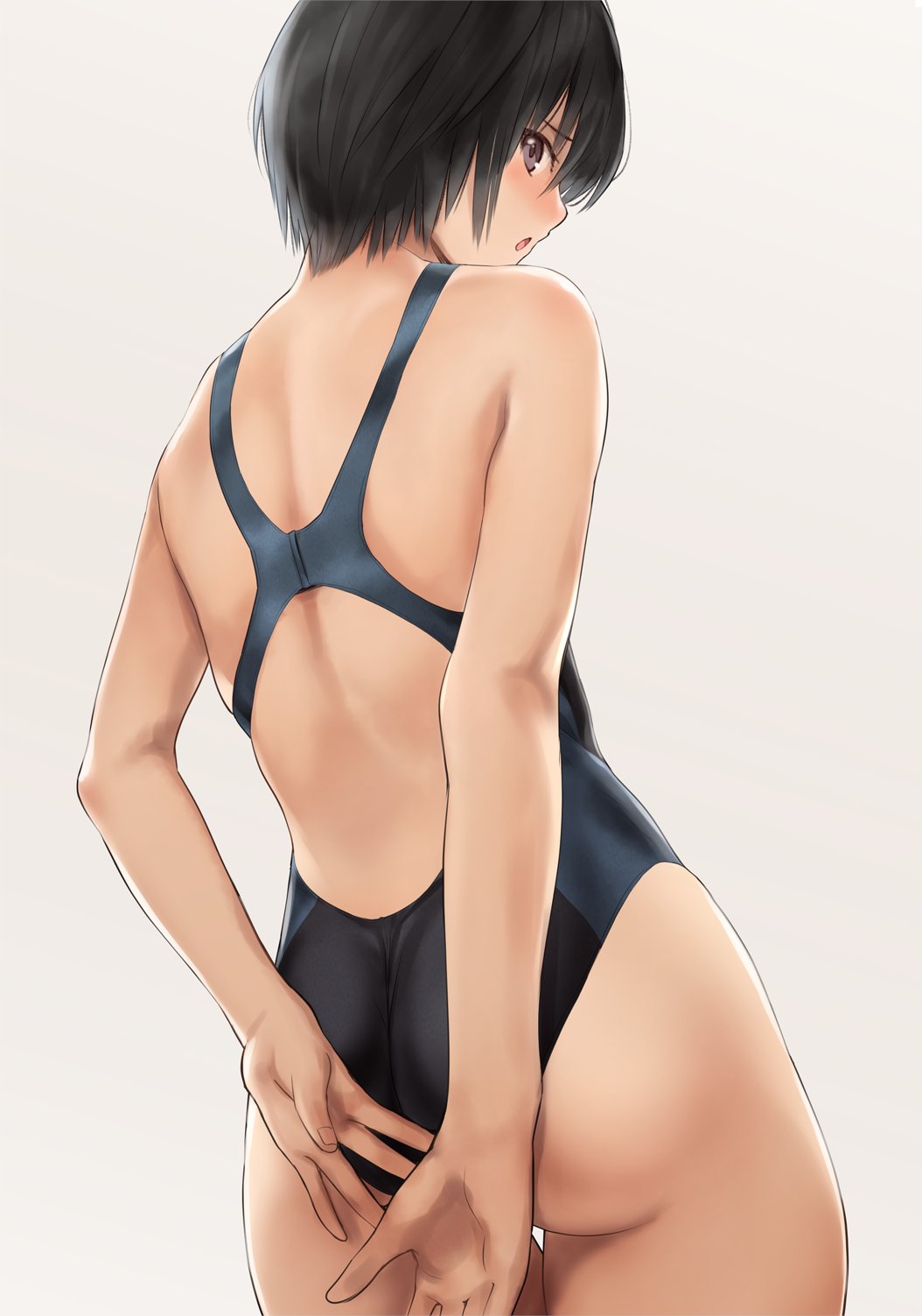 1girl, amagami, ass, black_eyes, black_hair, black_swimsuit, bob_cut, commentary_request