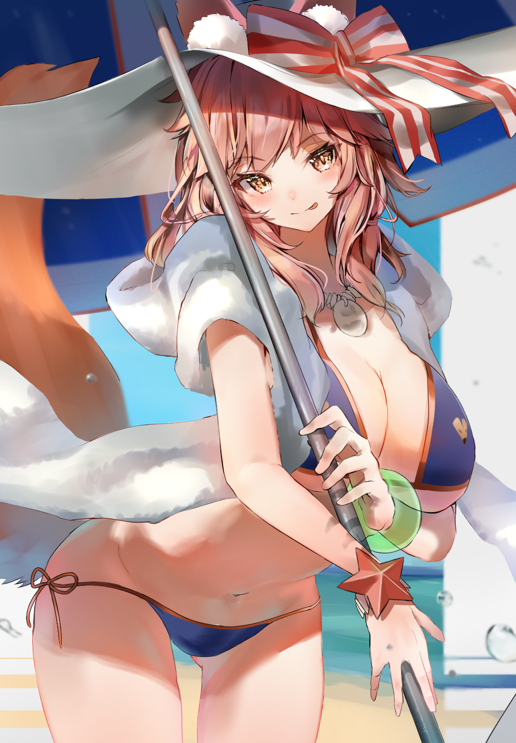1girl, animal_ear_fluff, animal_ears, beach_umbrella, bikini, blue_bikini, blush, breasts, collar, collarbone, ears_through_headwear, eyebrows_visible_through_hair, fate/grand_order, fate_(series), fox_ears, fox_girl, fox_tail, hat, hat_ribbon, highres, innertube, kinoruru_toiro, large_breasts, looking_at_viewer, navel, ocean, outdoors, pink_hair, ribbon, side-tie_bikini, solo, sun_hat, swimsuit, tail, tamamo_(fate)_(all), tamamo_no_mae_(swimsuit_lancer)_(fate), tongue, umbrella, yellow_eyes