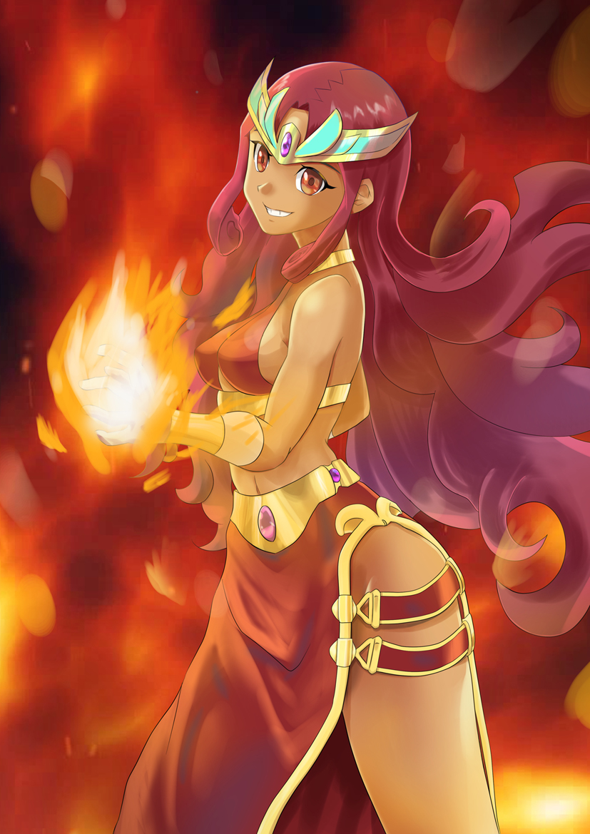 1girl, breasts, breath_of_fire, breath_of_fire_ii, crown, dark_skin, long_hair, looking_at_viewer