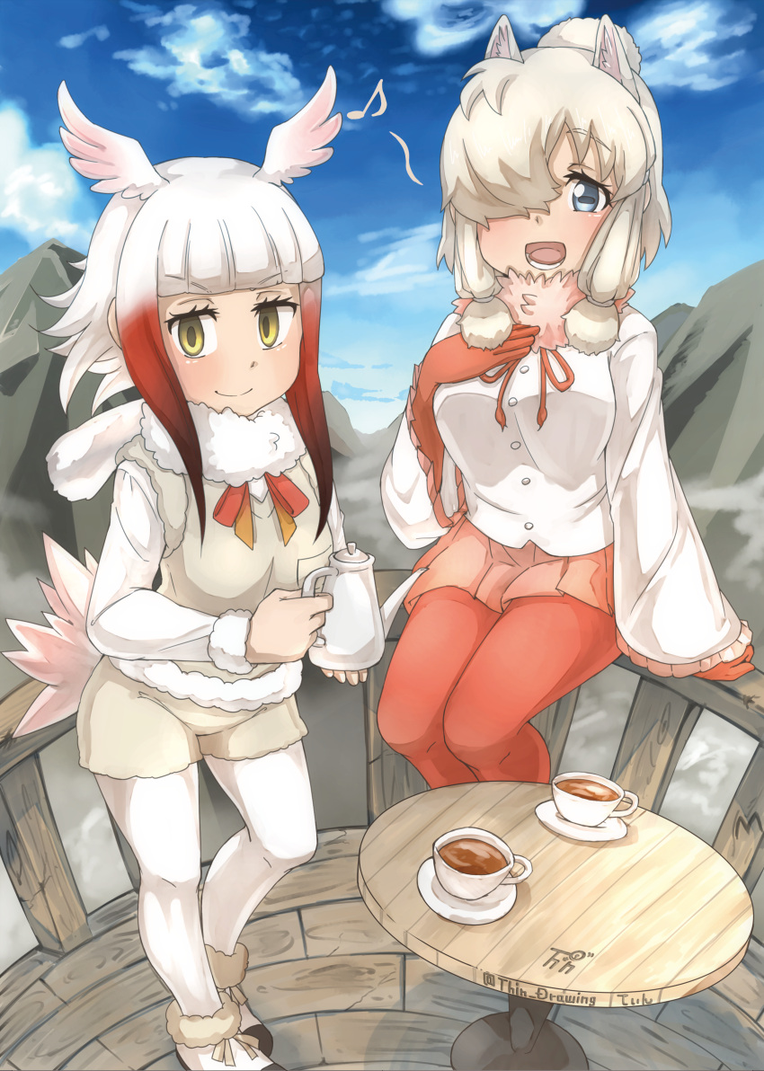 2girls, :d, absurdres, alpaca_ears, alpaca_suri_(kemono_friends), alpaca_suri_(kemono_friends)_(cosplay), animal_ears, artist_logo