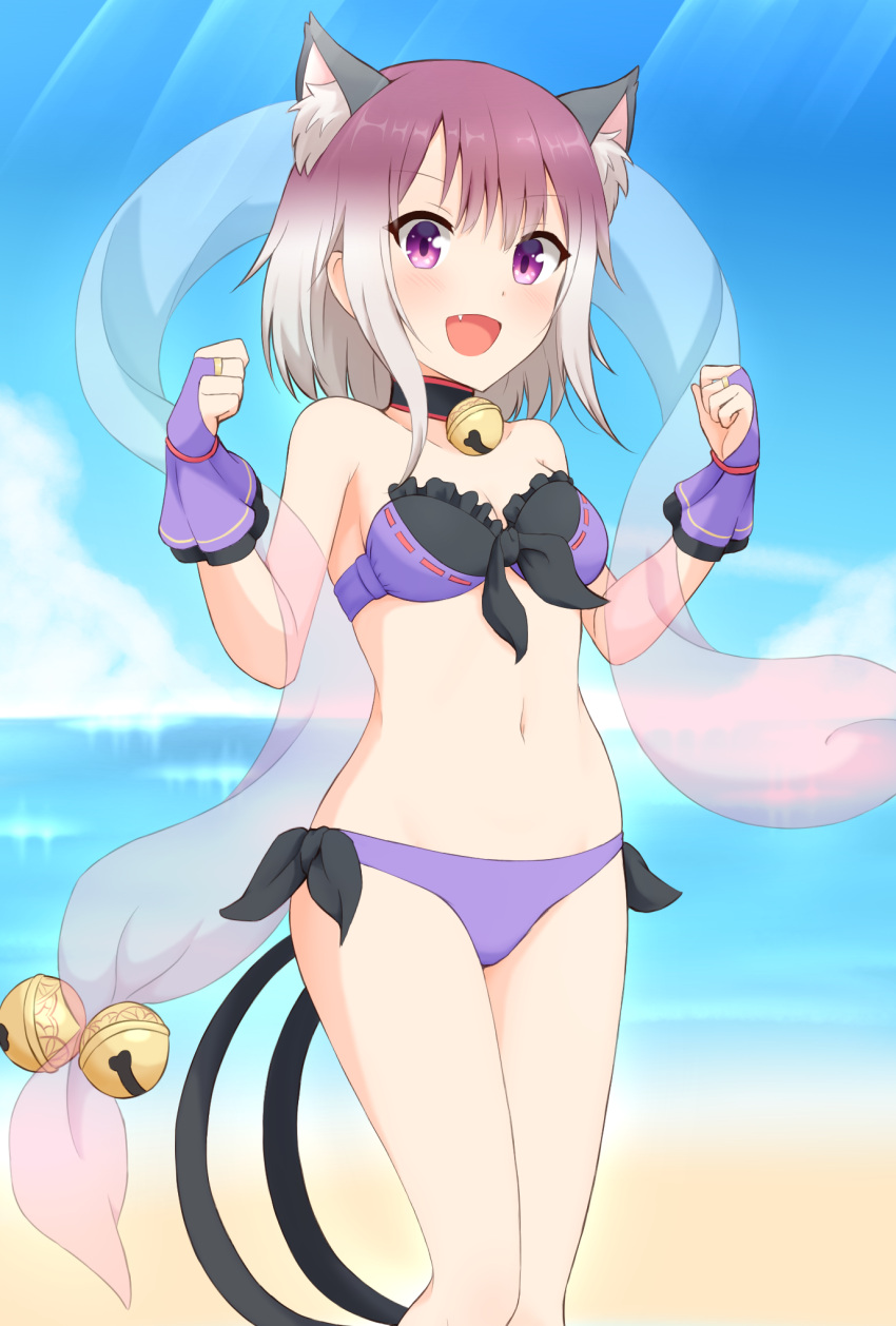 1girl, :d, animal_ear_fluff, animal_ears, bare_shoulders, beach, bell, bell_choker