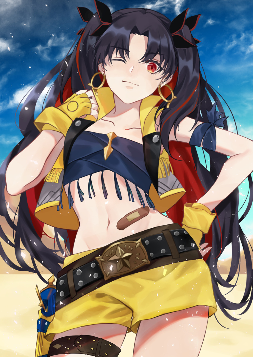 1girl, bandaid_on_stomach, bandeau, bangs, bare_shoulders, belt, black_belt, black_hair