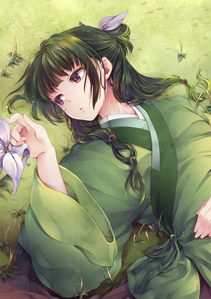 1girl, chinese_clothes, flat_chest, flower, freckles, grass, green_hair, green_theme