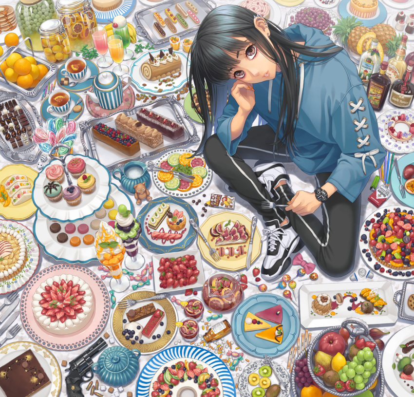 1girl, alcohol, apple, banana, bangs, basket, black_hair, black_pants, blue_hoodie, blueberry, bottle, brown_hair, bullet, butter, cake, candle, candy, capsule, cherry, chocolate, chocolate_cake, cigarette_box, coaster, commentary_request, cookie, cream, cup, cupcake, dessert, dice, drawstring, drinking_glass, ear_clip, ear_piercing, floral_print, food, food_request, fork, from_above, fruit, grapes, gun, hair_behind_ear, handgun, head_rest, head_tilt, holding, holding_fork, hood, hood_down, hoodie, ice_cream, ice_cream_float, jar, juice, knife, lemon, lemon_slice, lighter, lime_slice, lollipop, long_sleeves, looking_at_viewer, macaron, medicine, melon_soda, minami_(minami373916), mint, mochi, mont_blanc_(food), orange, orange_nails, orange_slice, original, pancake, pants, parfait, parted_lips, pear, pencil, pie, piercing, pill, pineapple, pineapple_slice, plate, pound_cake, sandwich, sanpaku, saucer, scissors, shoes, slice_of_cake, sneakers, soda, sponge_cake, spoon, sprinkles, stack_of_pancakes, straight_hair, strawberry, striped, stuffed_animal, stuffed_toy, sugar_cube, sundae, sweets, swirl_lollipop, syrup, tea, tea_set, teacup, teapot, teddy_bear, tiered_tray, track_pants, tray, vertical_stripes, wafer, watch, watch, weapon, whipped_cream