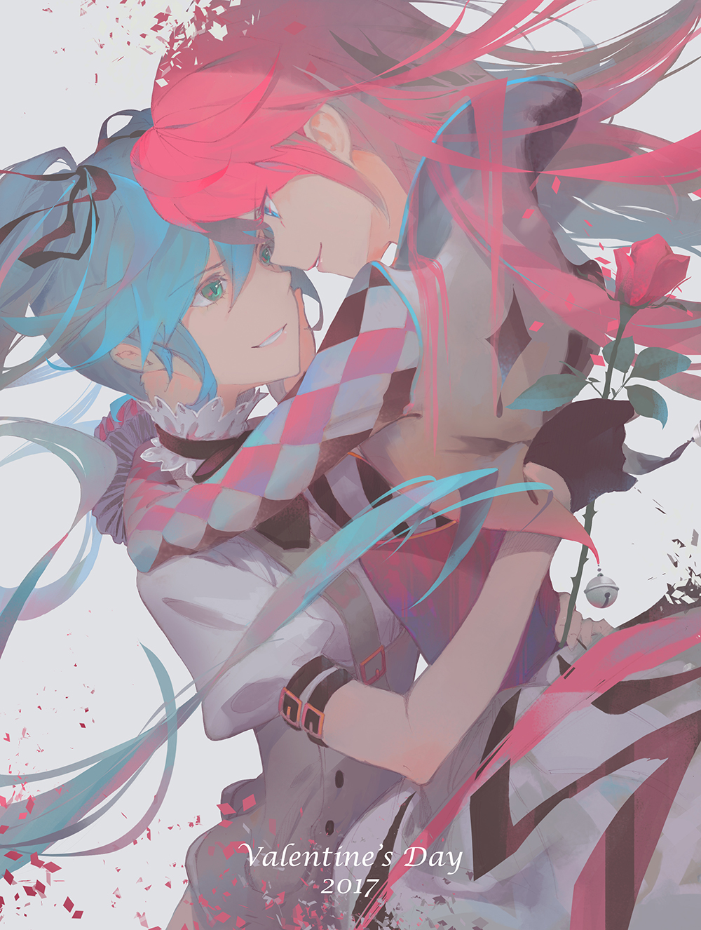 2017, 2girls, aqua_hair, argyle_sleeves, arms_around_back, arms_around_neck, bell, black_ribbon
