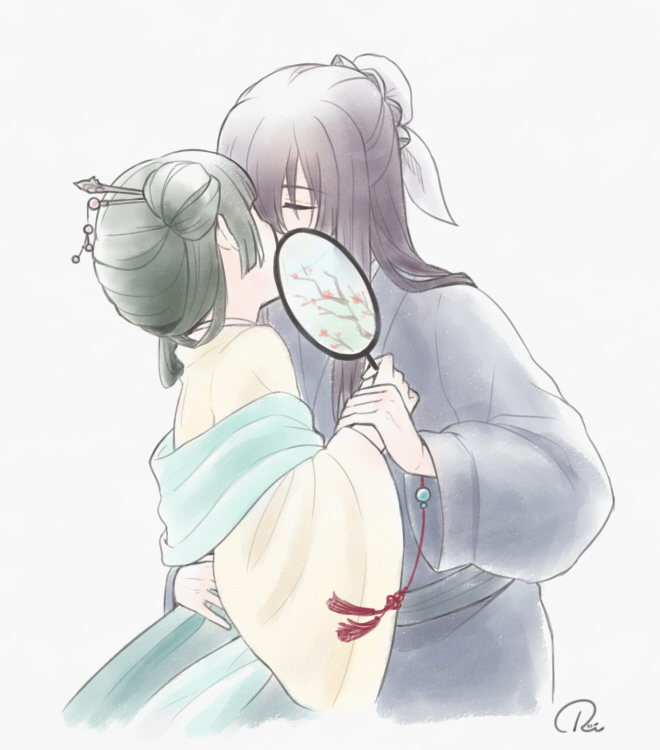 1boy, 1girl, beads, black_hair, chinese_clothes, closed_eyes, covering, fan, green_hair, hair_ornament, hair_stick, half_updo, hanfu, hetero, holding, holding_fan, holding_hand, jinshi_(kusuriya_no_hitorigoto), kiss, kusuriya_no_hitorigoto, long_hair, long_sleeves, maomao_(kusuriya_no_hitorigoto), paper_fan, ruei_(chicking), sash, shawl, side_bun, sidelocks, simple_background, tassel, uchiwa, upper_body, white_background, wide_sleeves