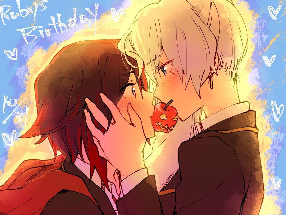 2girls, birthday, blue_eyes, blush, commentary_request, food_in_mouth, halloween, jack-o'-lantern