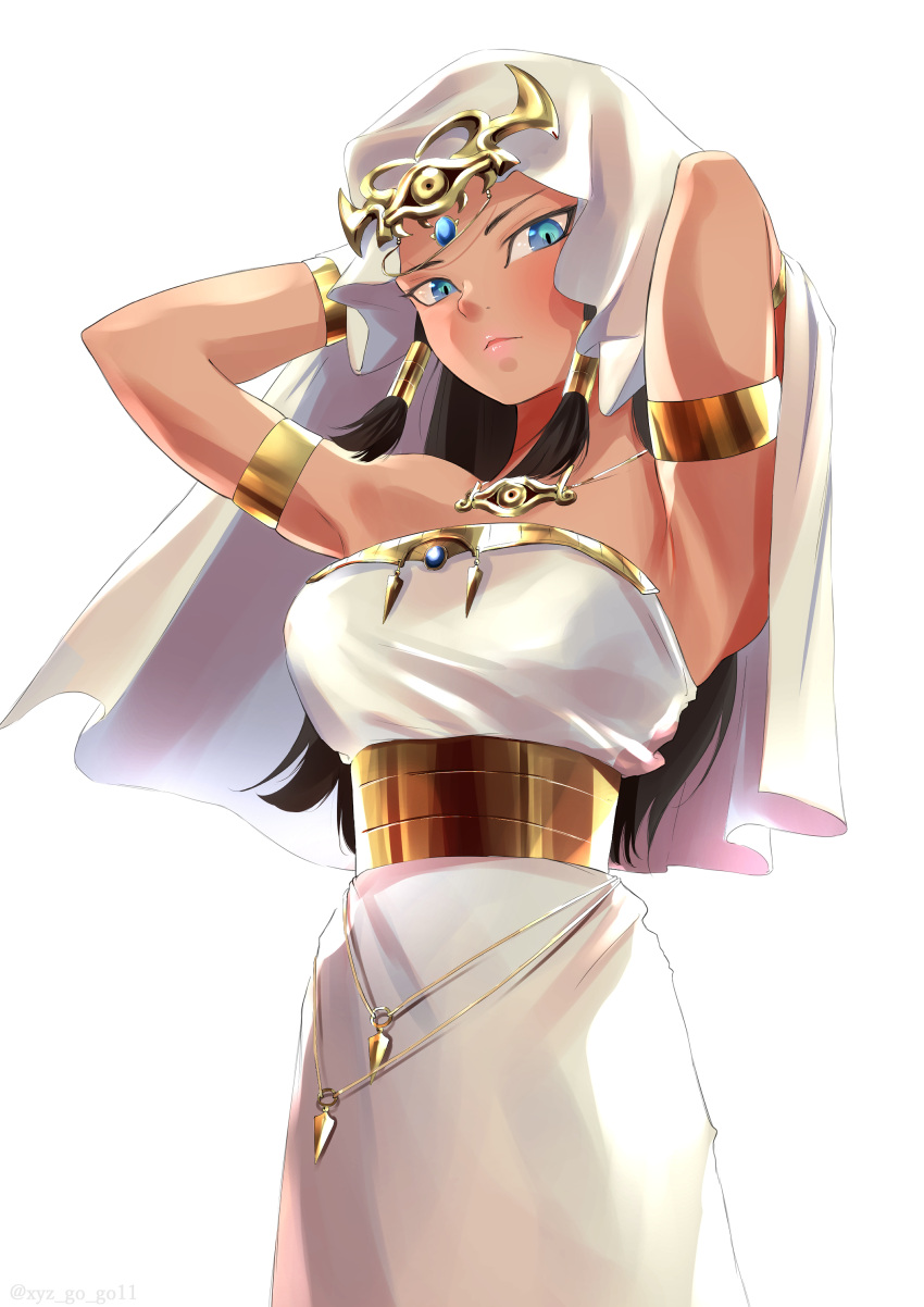 1girl, absurdres, armlet, arms_behind_head, backlighting, belt, black_hair, blue_eyes, bracelet, closed_mouth, commentary_request, dark_skin, dress, egyptian, expressionless, gold_bracelet, hair_tubes, highres, ishizu_ishtar, jewelry, looking_at_viewer, millennium_necklace, oze_(xyz_go_go11), partial_commentary, solo, standing, strapless, strapless_dress, twitter_username, veil, white_dress, yuu-gi-ou