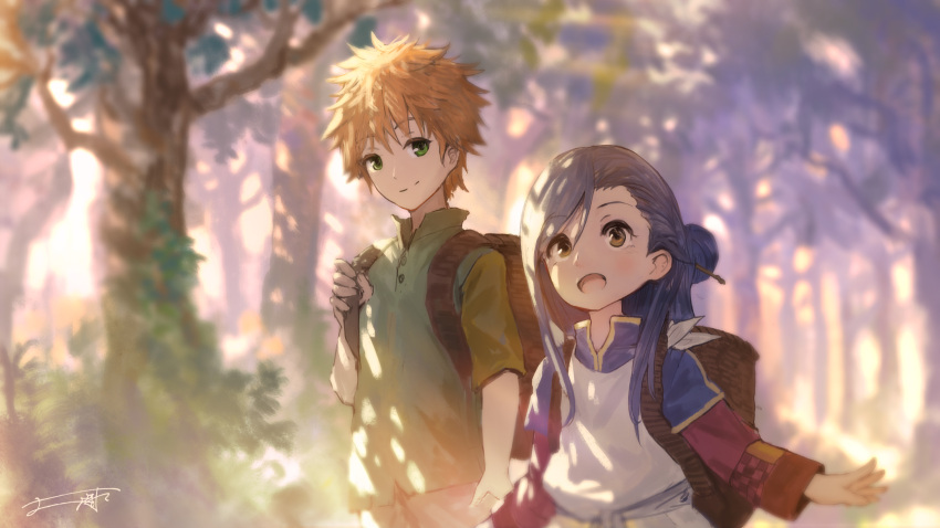 1boy, 1girl, absurdres, apron, backpack, bag, blonde_hair, blue_hair