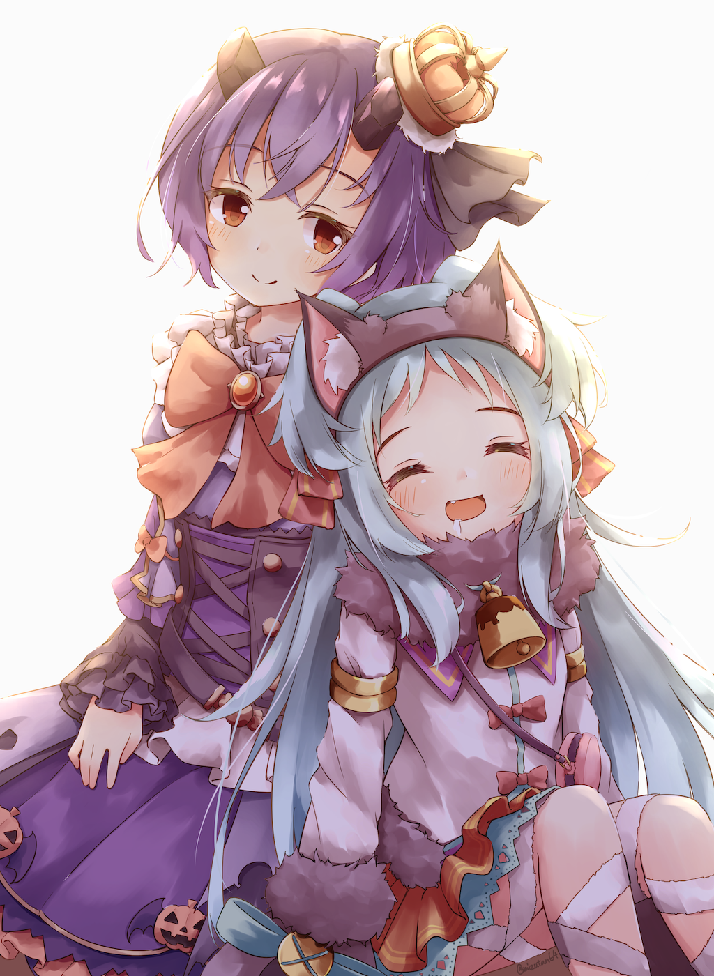 2girls, :d, ^_^, animal_ear_fluff, animal_ears, backlighting, bag, bandaged_leg, bandages, bell, black_ribbon, blue_hair, blush, bow, broken_horn, brooch, brown_bow, brown_eyes, brown_skirt, closed_eyes, closed_mouth, commentary_request, crown, dress, drooling, fake_animal_ears, fang, fur-trimmed_jacket, fur-trimmed_sleeves, fur_collar, fur_trim, grey_background, grey_hairband, hair_ribbon, hairband, halloween, highres, horns, izumo_miyako, jack-o'-lantern, jacket, jewelry, kamiki_shinobu, long_hair, long_sleeves, looking_at_another, mini_crown, mizutan64, multiple_girls, open_mouth, pleated_skirt, princess_connect!, princess_connect!_re:dive, purple_dress, purple_hair, ribbon, saliva, short_hair, shoulder_bag, simple_background, sitting, skirt, smile, tilted_headwear, two_side_up, very_long_hair, white_jacket