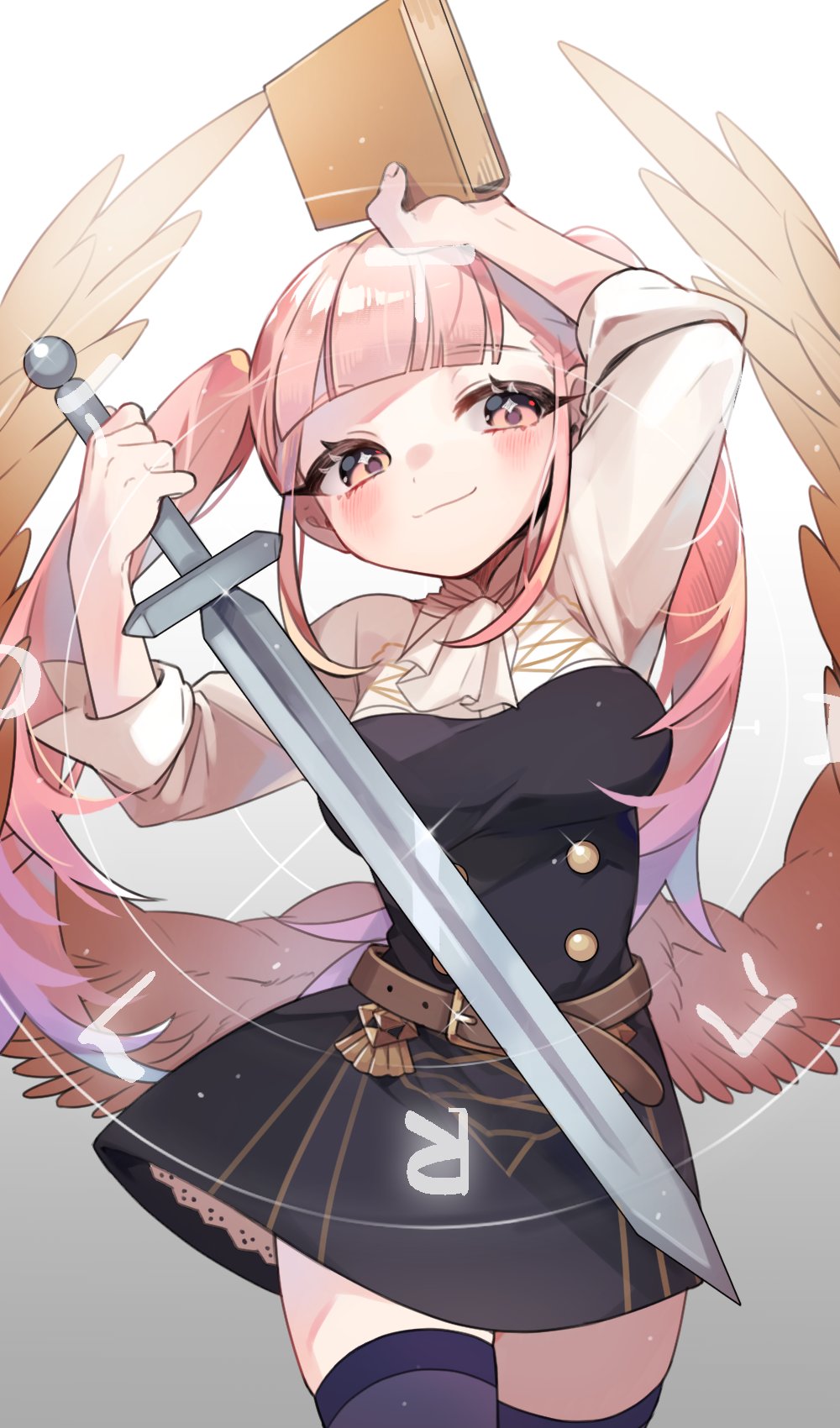 1girl, arm_up, belt, book, closed_mouth, feathered_wings, fire_emblem, fire_emblem:_three_houses, friedbirdchips, garreg_mach_monastery_uniform, gradient, gradient_background, highres, hilda_valentine_goneril, holding, holding_book, holding_sword, holding_weapon, long_hair, magic_circle, pink_eyes, pink_hair, simple_background, solo, sword, thigh-highs, twintails, uniform, weapon, wings