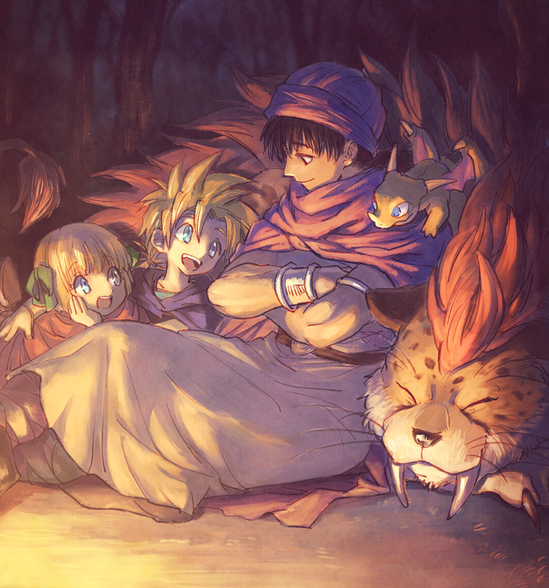 1girl, 2boys, :d, arm_around_shoulder, bangs, belt, bianca's_daughter, bianca's_son, black_hair, blonde_hair, blue_eyes, bob_cut, borongo, bracelet, brother_and_sister, cape, cloak, closed_eyes, creature_on_shoulder, crossed_arms, dark, dragon, dragon_quest, dragon_quest_v, fangs, father_and_daughter, father_and_son, hair_ribbon, hand_on_own_cheek, hero_(dq5), jewelry, leg_wrap, looking_at_another, low_ponytail, multiple_boys, nature, on_ground, open_mouth, ponytail, profile, purple_cloak, red_cloak, ribbon, robe, siblings, sitting, sleeping, smile, turban, yuza