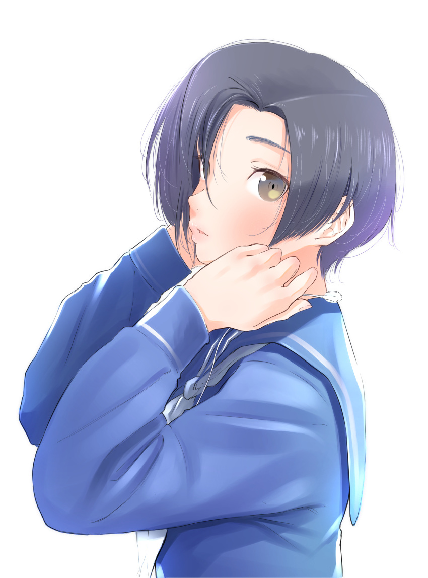 1girl, absurdres, black_hair, earbuds_around_neck, earphones, earphones, from_side, hair_over_one_eye