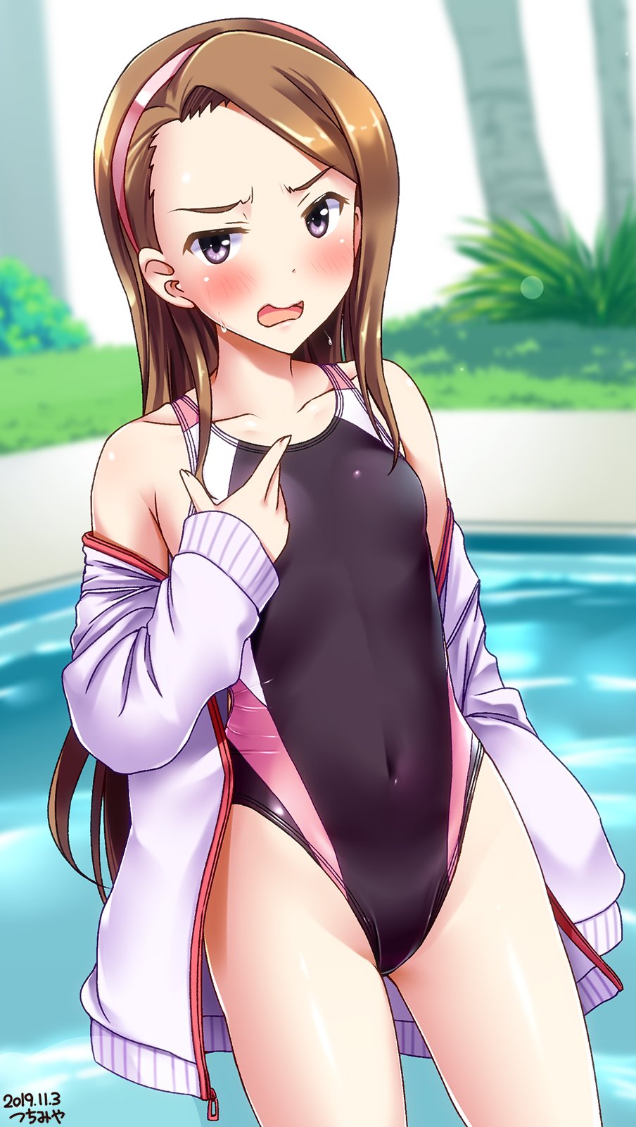 1girl, artist_name, bangs, black_swimsuit, brown_eyes, brown_hair, collarbone, commentary_request