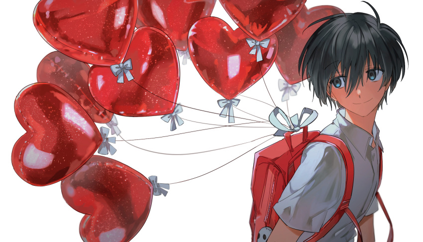 1boy, backpack, bag, balloon, black_hair, blue_eyes, blurry, collared_shirt