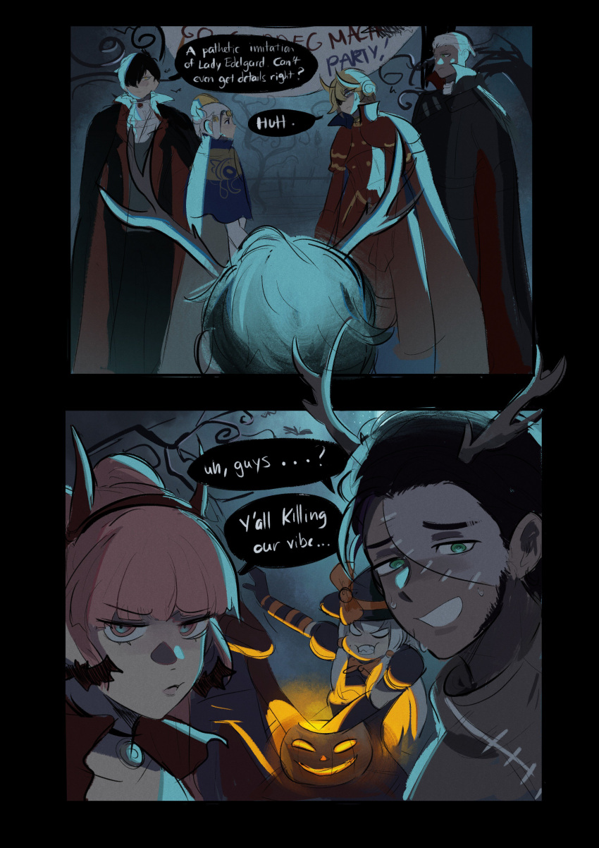 3girls, 4boys, absurdres, antlers, black_hair, blonde_hair, brown_hair, cape