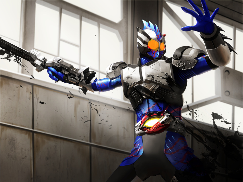 1boy, armor, blood, highres, holding, holding_sword, holding_weapon, kamen_rider
