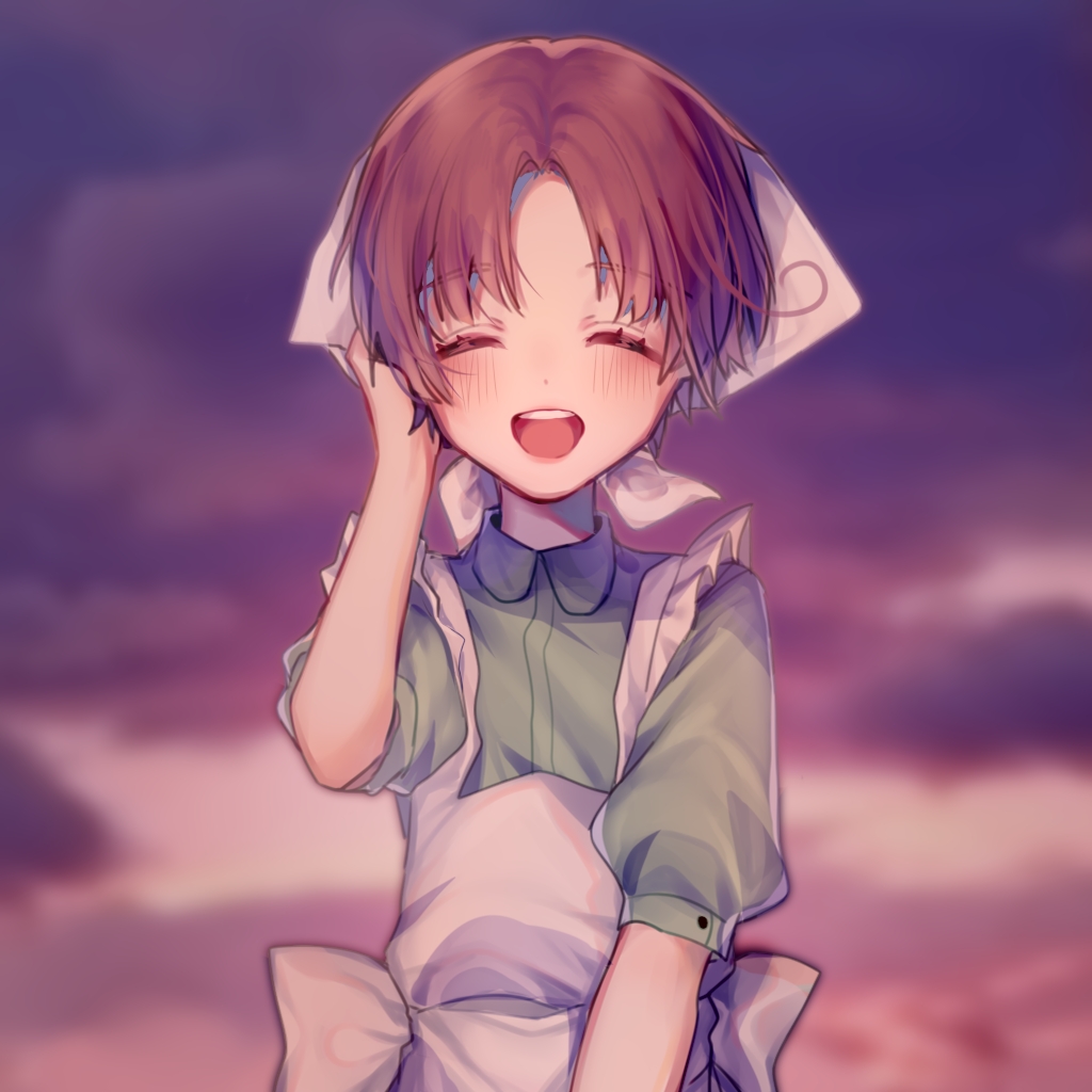 1boy, :d, apron, axis_powers_hetalia, bangs, blurry, blurry_background, blush, brown_hair, closed_eyes, facing_viewer, gradient_sky, hand_up, naki_mushi, northern_italy_(hetalia), open_mouth, outdoors, parted_bangs, short_sleeves, sky, smile, solo, upper_body