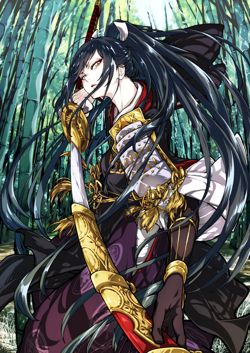 1boy, ahoge, armor, bamboo, bamboo_forest, black_hair, enouchi_ai, forest, highres, holding, holding_sword, holding_weapon, japanese_armor, katana, long_hair, male_focus, nature, outdoors, parted_lips, scabbard, sheath, solo, sword, tarou_tachi, tied_hair, touken_ranbu, unsheathing, very_long_hair, weapon, yellow_eyes