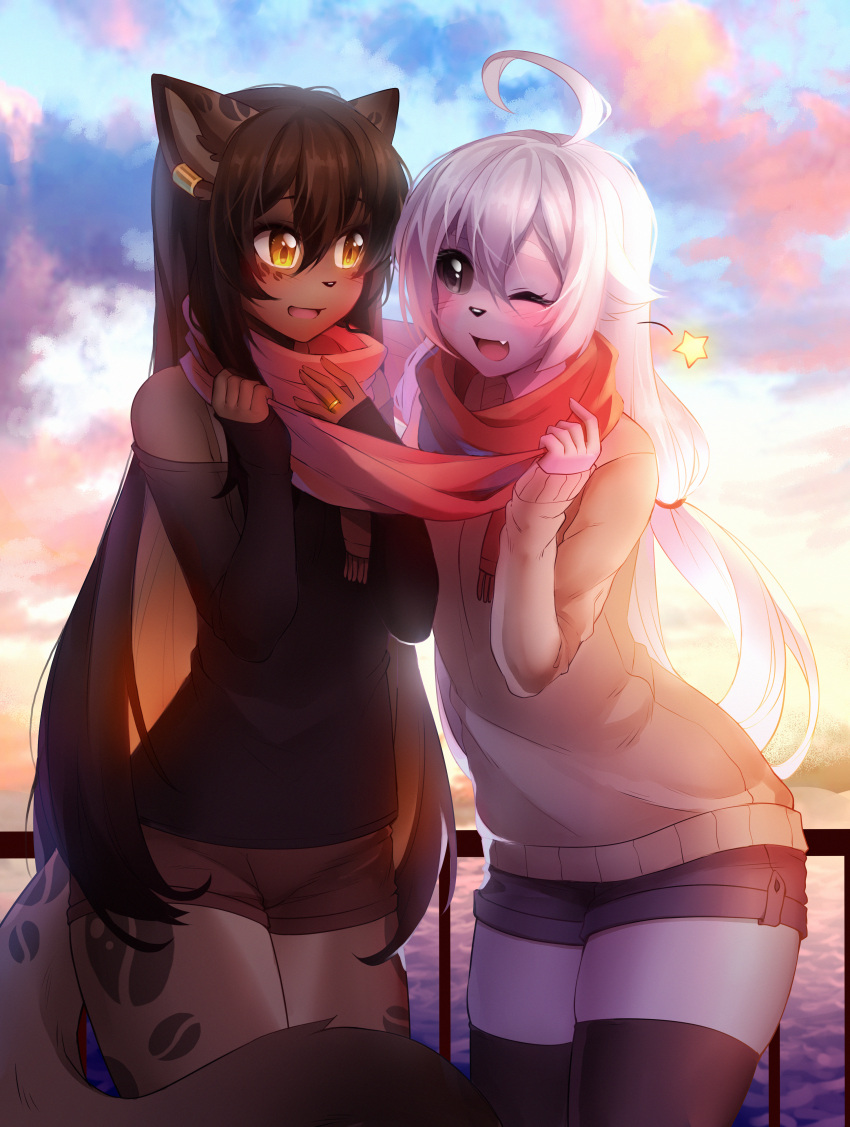 2girls, :d, ;d, absurdres, ahoge, animal_ears, bangs, beige_sweater, black_eyes, black_legwear, black_shorts, blush, brown_hair, brown_shorts, clouds, coff, collaboration, commentary, cowboy_shot, dark_skin, ear_clip, facial_mark, fang, furry, grey_sclera, hair_between_eyes, hair_flaps, highres, huge_filesize, iwbitu-sa, jewelry, long_hair, looking_at_another, low-tied_long_hair, multiple_girls, nyopu, one_eye_closed, open_mouth, original, outdoors, railing, red_scarf, ring, russian_commentary, scarf, shared_scarf, short_shorts, shorts, sleeves_past_wrists, smile, star, sunset, tail, thigh-highs, very_long_hair, water, wedding_band, white_hair, yellow_eyes