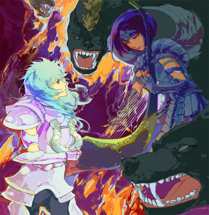 armor, blue_hair, bobcut, kat_(artist), lyra_orphee, lyre, medium_hair, saint_seiya