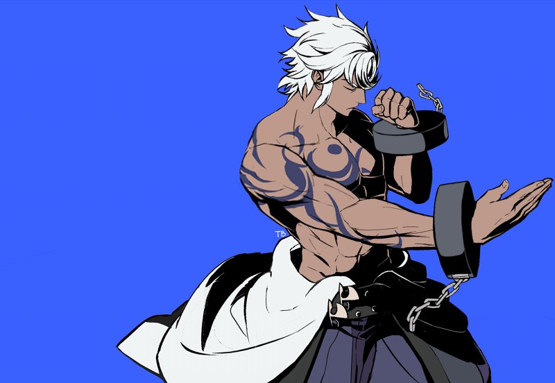 1boy, bare_chest, closed_eyes, cuffs, dark_skin, dark_skinned_male, enkidu_(under_night_in-birth), japanese_clothes