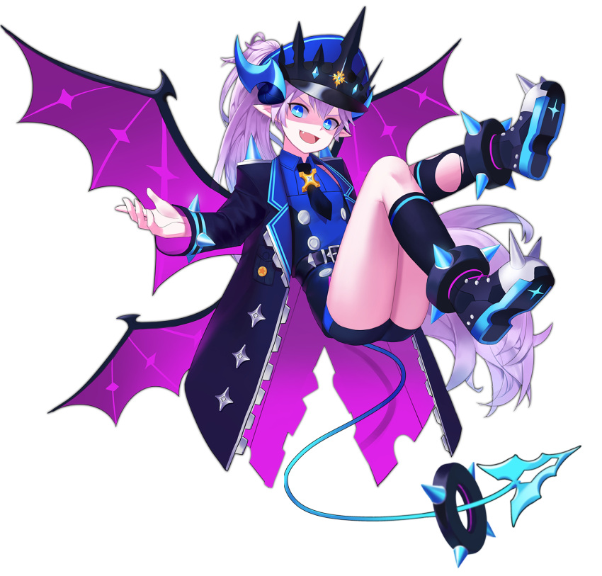1girl, ass, bangs, black_legwear, blue_eyes, blue_headwear, commentary, elsword, fang, hair_between_eyes, hat, highres, jjw1029, kneehighs, lu, pink_wings, pointy_ears, ponytail, shoes, simple_background, solo, white_background, wings