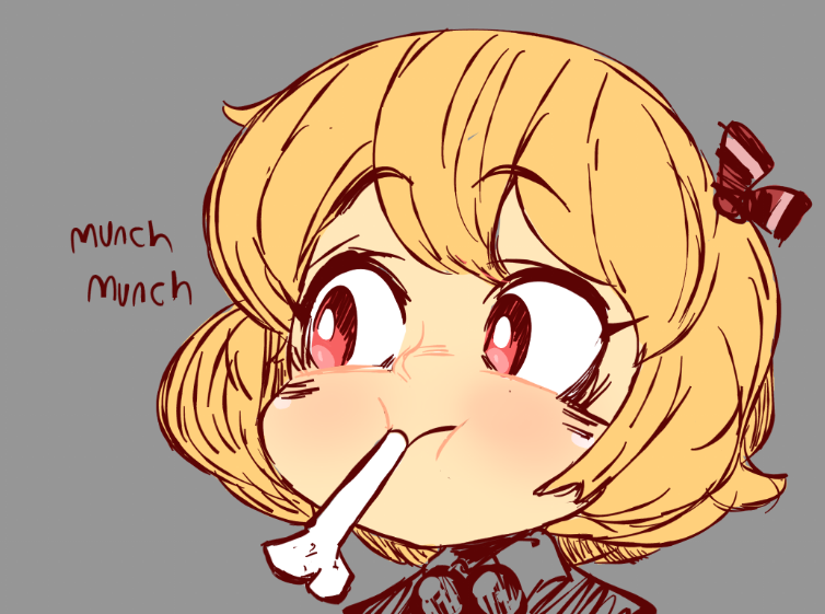 1girl, bangs, blonde_hair, bone, eating, english_text, eyebrows_visible_through_hair, gountro