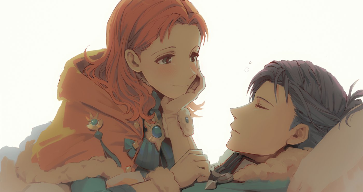 1boy, 1girl, annette_fantine_dominic, bangs, black_hair, blue_neckwear, blush, brooch