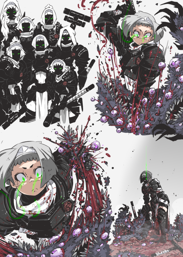 6+girls, blood, blood_splatter, bob_cut, breastplate, constricted_pupils, english_text, eyeball