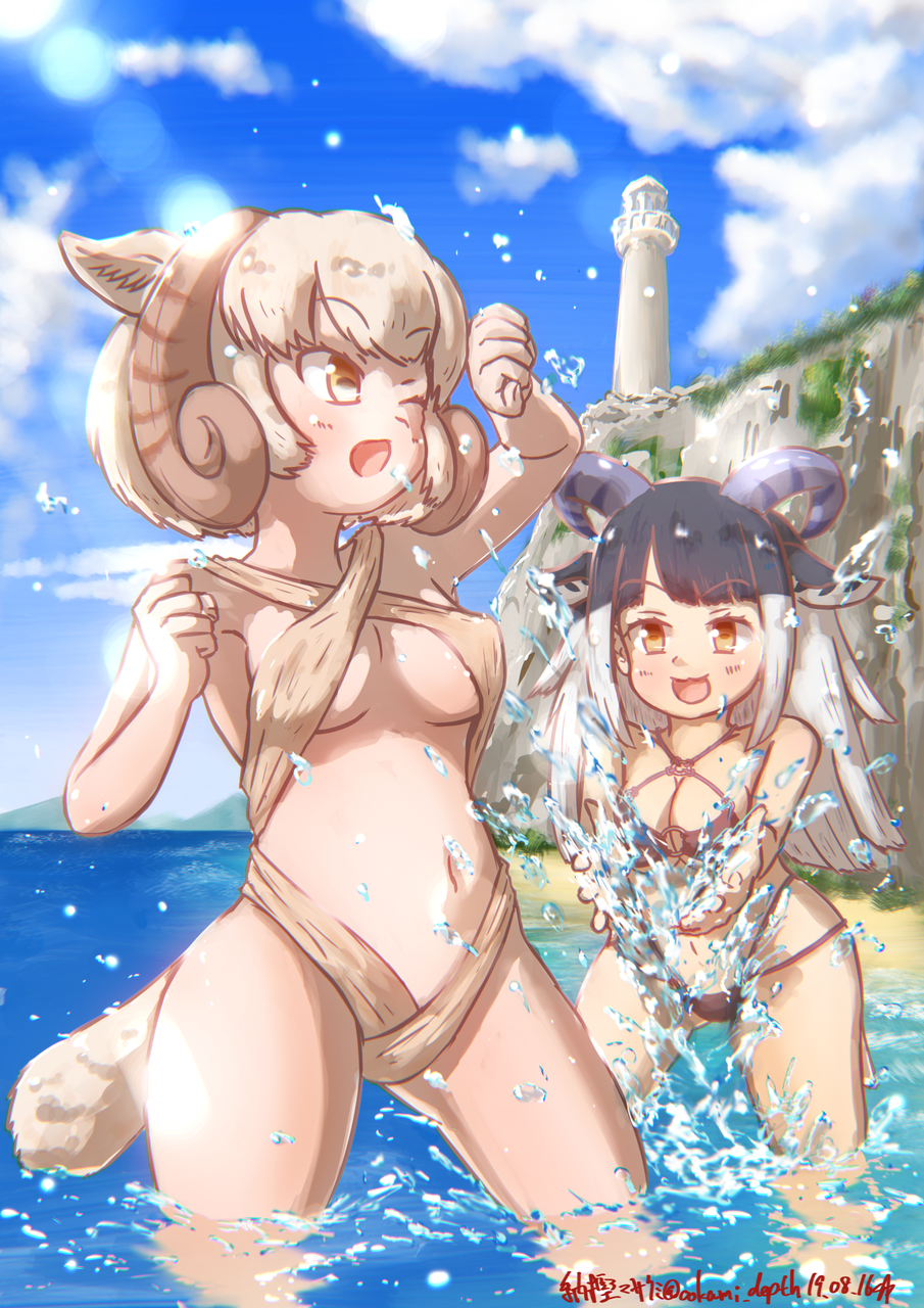 2girls, :d, ;d, animal_ear_fluff, animal_ears, black_hair, blue_sky, breasts