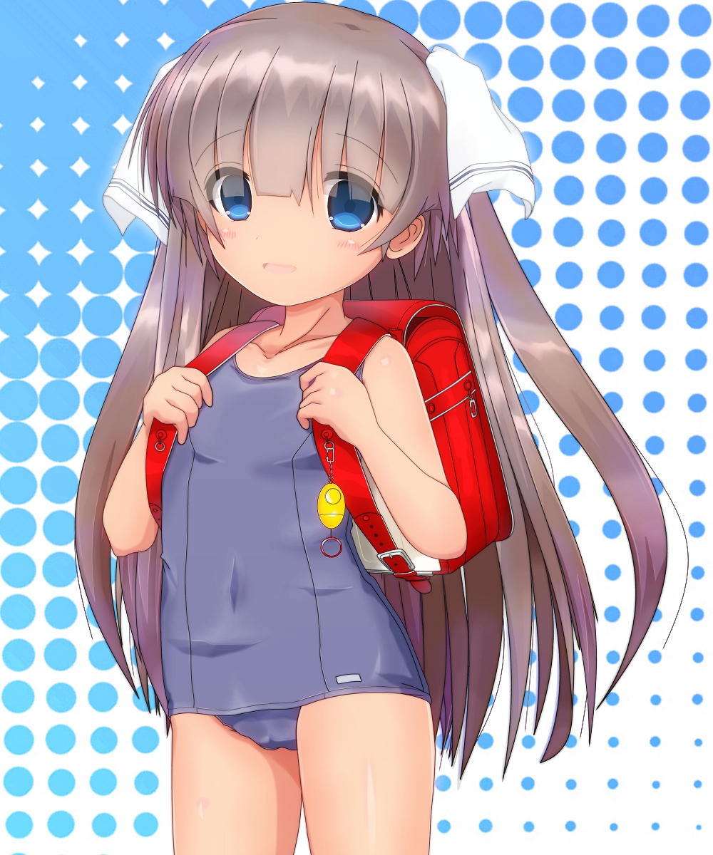 1girl, backpack, bag, blue_eyes, brown_hair, commentary_request, covered_navel, crime_prevention_buzzer, damubomu, highres, long_hair, one-piece_swimsuit, original, randoseru, ribbon, school_swimsuit, smile, solo, swimsuit, tan, tanline, two_side_up, very_long_hair