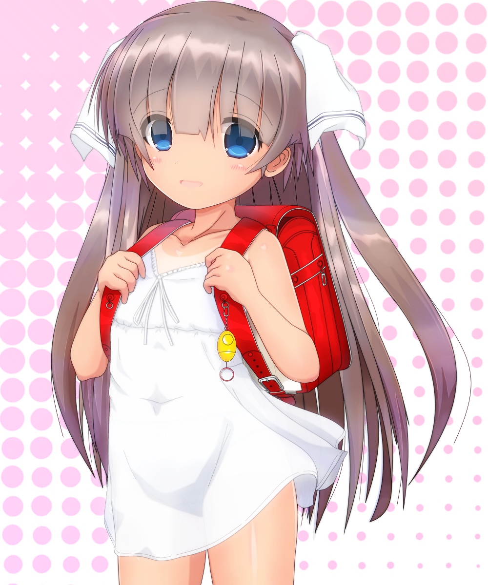 1girl, backpack, bag, blue_eyes, brown_hair, child, commentary_request, crime_prevention_buzzer