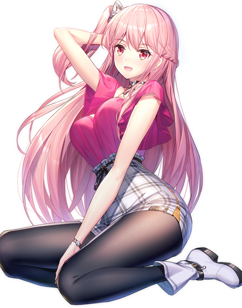 1girl, :d, arm_up, bangs, belt, belt_buckle, between_legs, black_belt