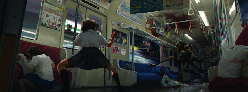 3girls, bag, black_legwear, blood, blue_skirt, broken_glass, cho_yonghee, death, extra_arms, fighting_stance, glass, highres, monster, motion_blur, multiple_girls, multiple_heads, original, pleated_skirt, ponytail, school_uniform, shopping_bag, skirt, socks, train_interior, window
