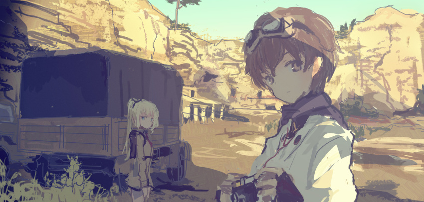 2girls, absurdres, backpack, bag, blonde_hair, blurry, brown_eyes, brown_hair, camera, charlotte_lueder, commentary, depth_of_field, desert, fingerless_gloves, gloves, goggles, goggles_on_head, green_eyes, ground_vehicle, hair_ribbon, high_ponytail, highres, iron_cross, japanese_clothes, kabuyama_kaigi, katou_keiko, long_hair, looking_at_viewer, medal, military, military_vehicle, motor_vehicle, multiple_girls, muted_color, necktie, outdoors, ribbon, scarf, shade, short_hair, sketch, sky, tree, truck, uniform, world_witches_series