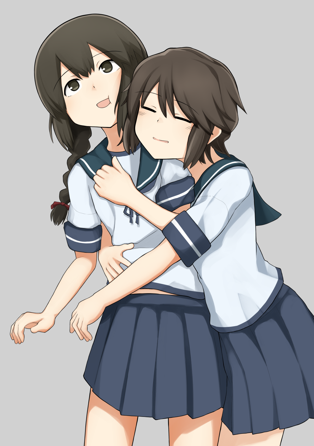 2girls, black_eyes, black_hair, blue_skirt, braid, brown_hair, closed_eyes, commentary_request