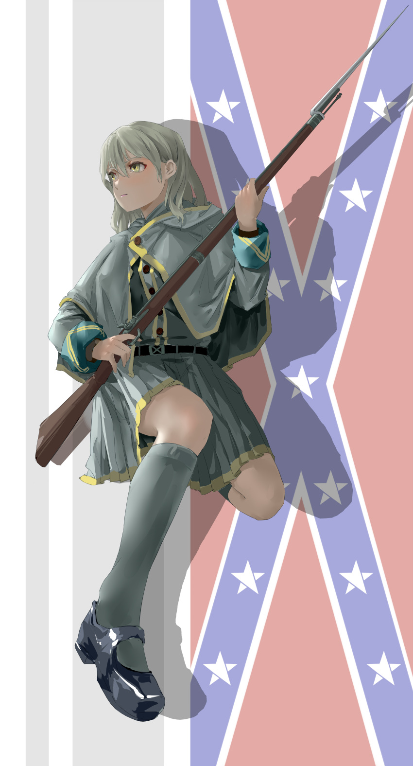 1853_enfield, 1girl, absurdres, american_civil_war, bayonet, confederate_flag, green_eyes, green_hair