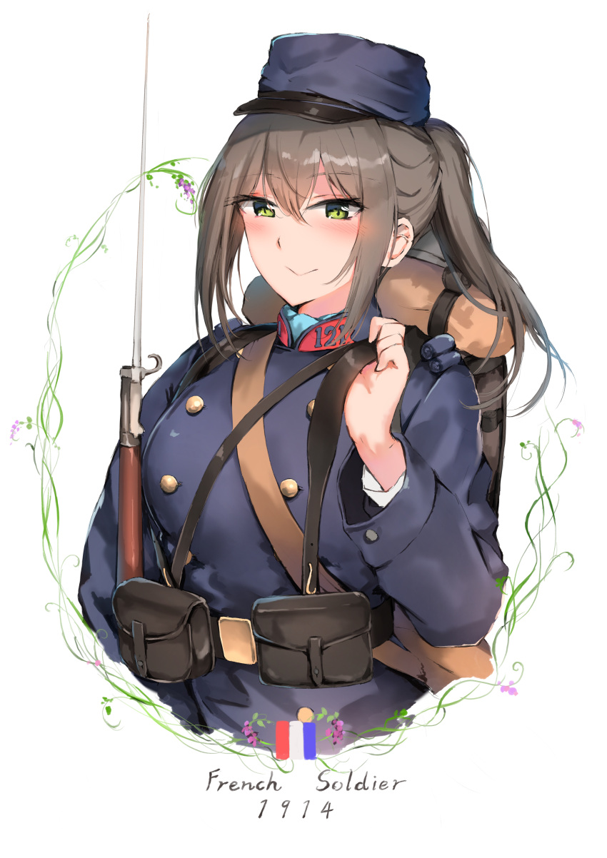 1girl, absurdres, bayonet, belt_buckle, blush, breasts, brown_hair, buckle