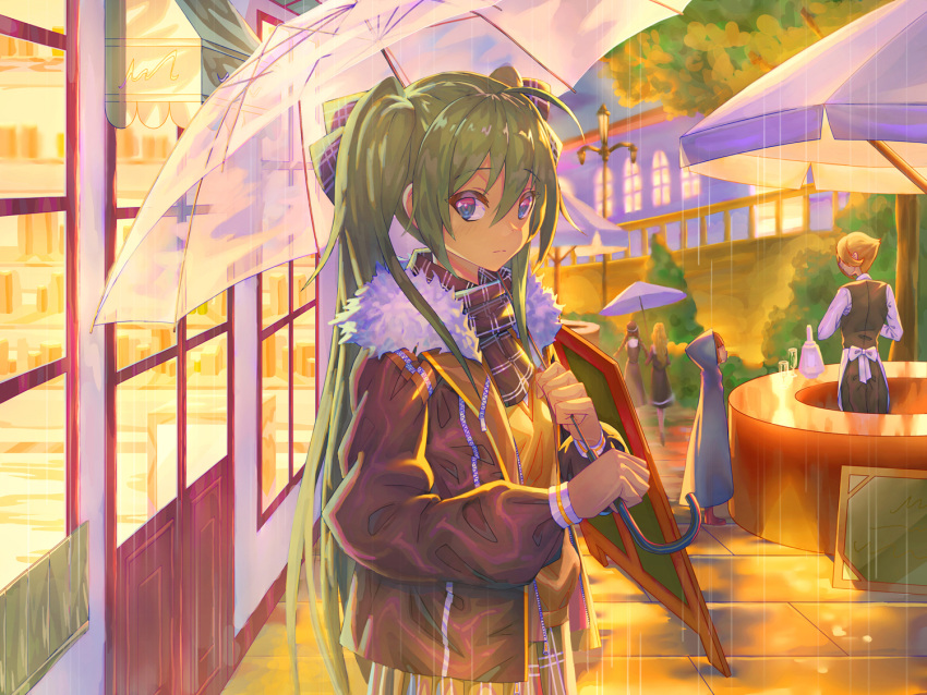 bar, blue_eyes, bow, commentary, english_commentary, expressionless, fur-trimmed_jacket, fur_trim