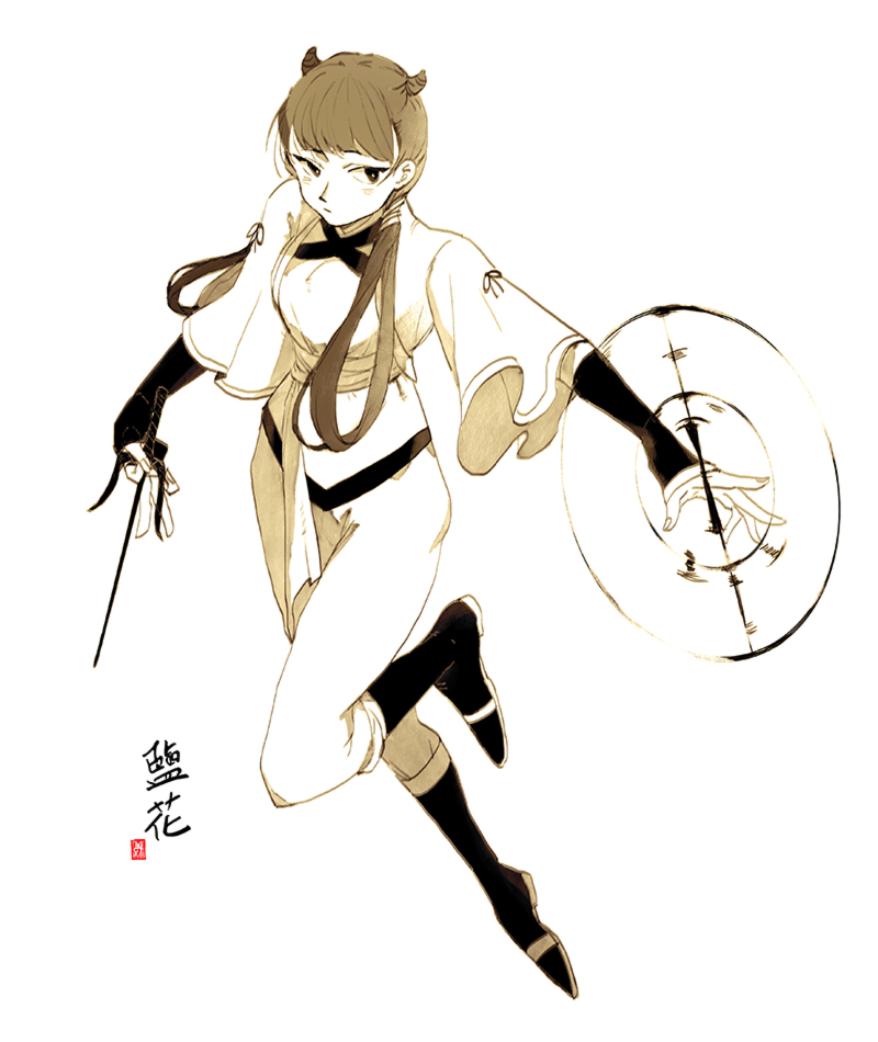 1girl, bangs, blunt_bangs, boots, criss-cross_halter, dual_wielding, fingerless_gloves, from_above