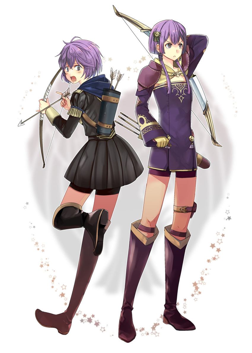 1girl, age_progression, anzk232, arrow, bernadetta_von_varley, boots, bow_(weapon), closed_mouth, dress, fire_emblem, fire_emblem:_three_houses, garreg_mach_monastery_uniform, gloves, grey_eyes, hair_ornament, highres, holding, holding_arrow, holding_bow_(weapon), holding_weapon, hood, hood_down, knee_boots, long_sleeves, open_mouth, purple_hair, quiver, short_dress, short_hair, uniform, weapon, yellow_gloves