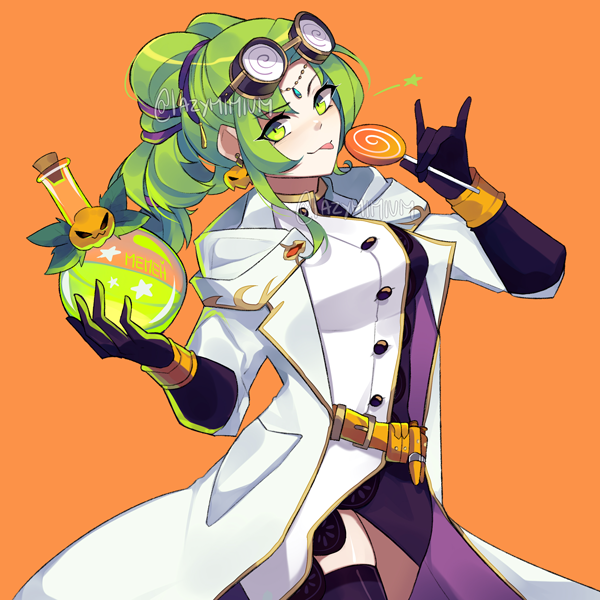1girl, artist_name, belt, black_gloves, bracelet, candy, coke-bottle_glasses, earrings