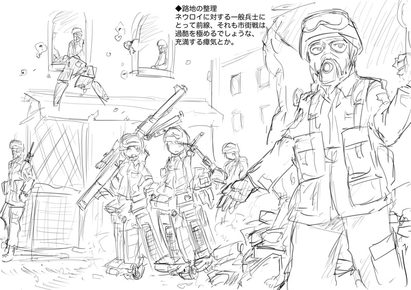 120mm_rheinmetall_l55, 3girls, 4boys, battle_damage, battle_rifle, building, bullet_hole, dust_cloud, gas_mask, gloves, goggles, greyscale, gulf_war, gun, helmet, machine_gun, main_battle_tank, military, military_uniform, monochrome, multiple_boys, multiple_girls, neuroi, pouch, rifle, rifle_on_back, rubble, simple_background, sketch, soldier, strike_witches, strike_witches_1991, striker_unit, track_marks, uniform, war, weapon, white_background, world_witches_series